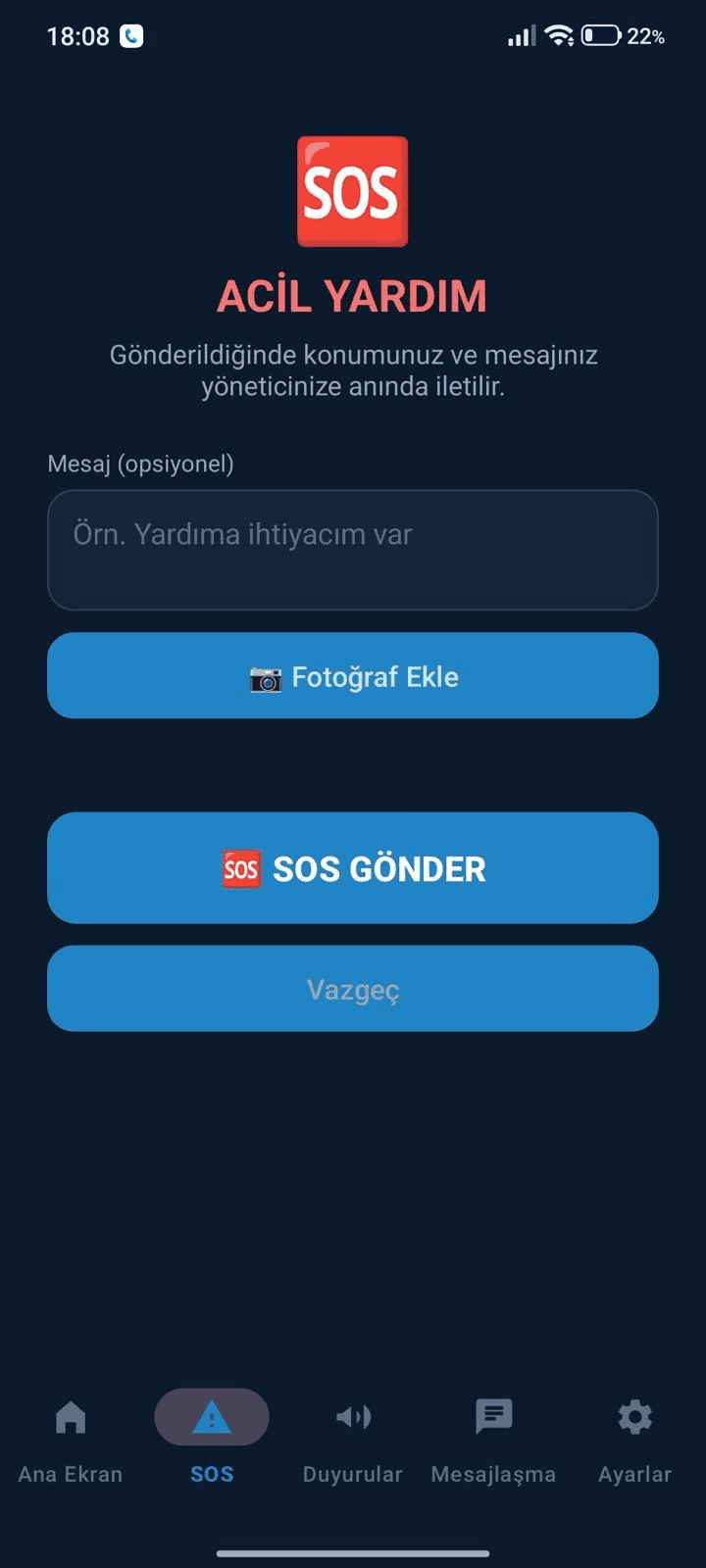 SetTrack mobile app SOS emergency screen
